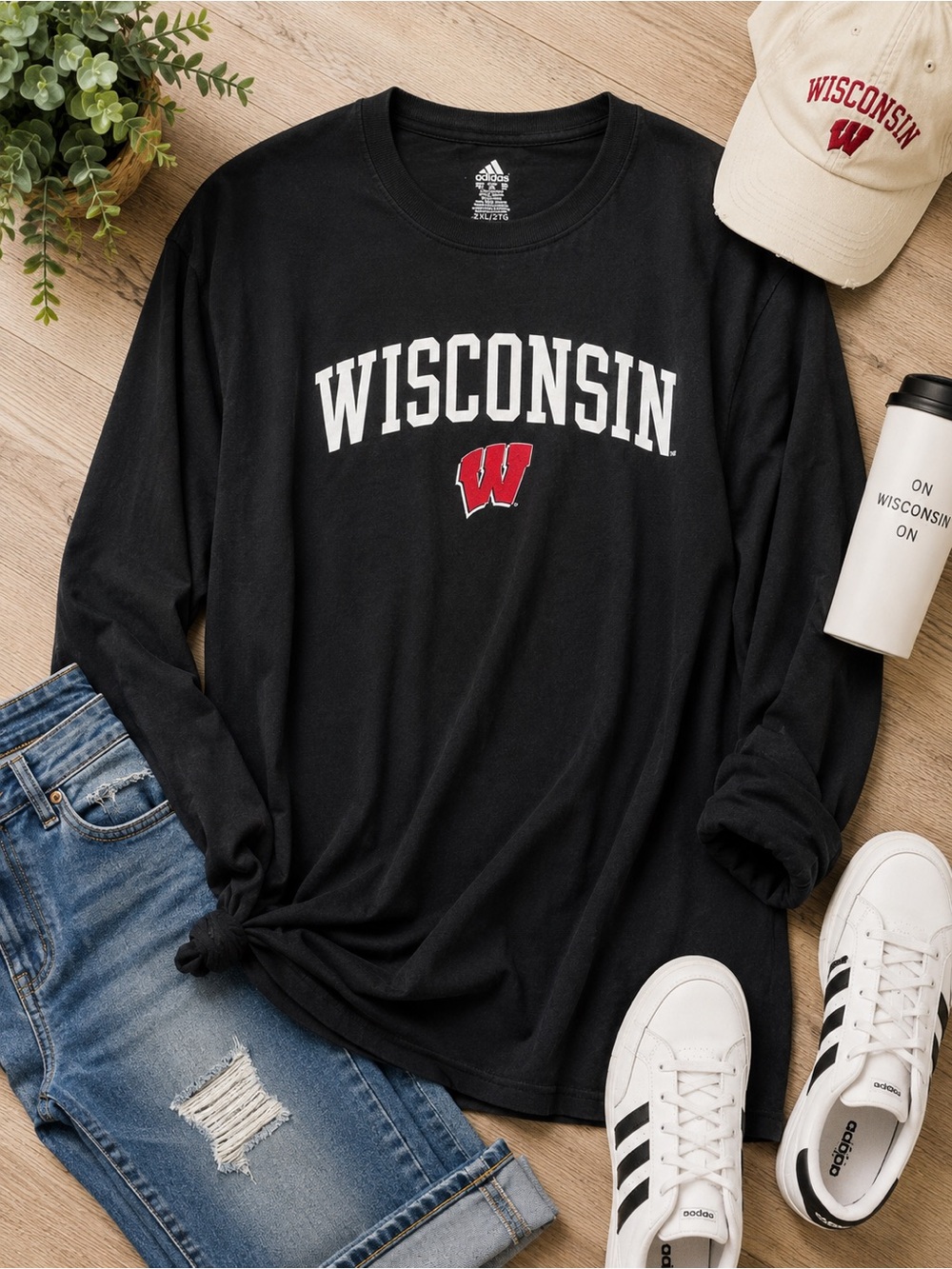 adidas Black Wisconsin Long-Sleeve Tee with Red Logo